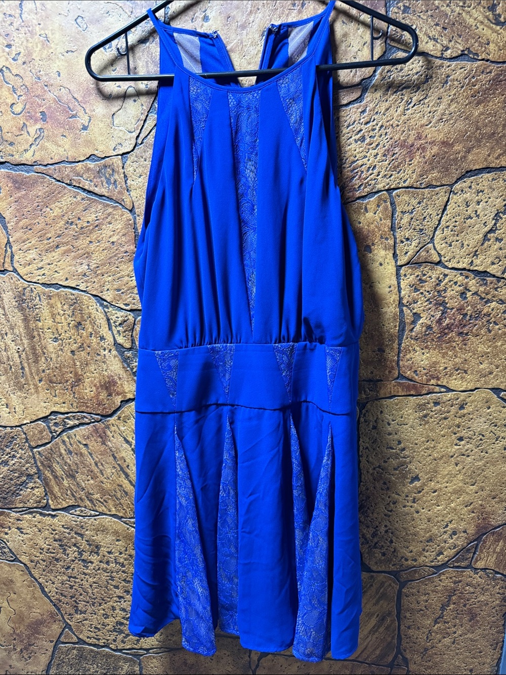 BCBGMaxAzria Cobalt Blue Lace-Inset Sleeveless Mini Dress P2P 16” Length 35”